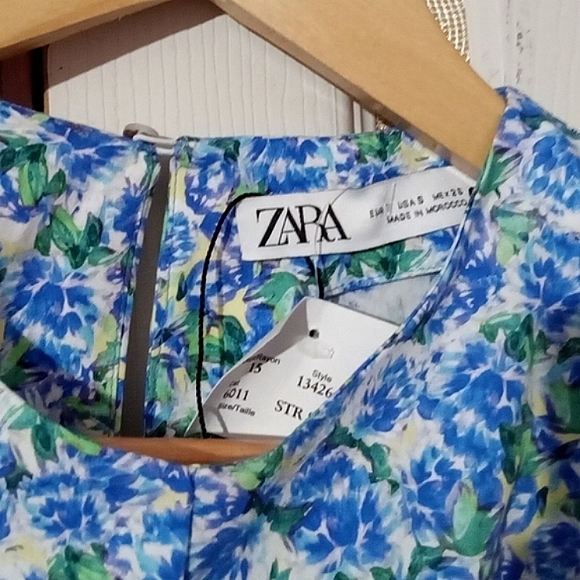 ZARA🐞Ruched Blue Floral Cotton Long Sleeve Blouse Sz: S - Picture 3 of 12